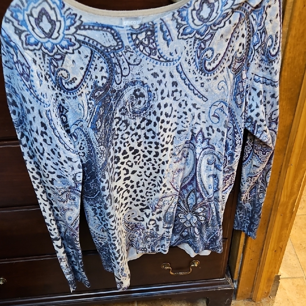 Chico's Blue and White Long Sleeve Blouse